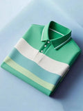 Men's Executive Color Block Stripe Logo Button Short Sleeve Polo Shirt | Premium Business Casual Polo for Men