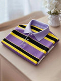 Men's Executive Color Block Stripe Logo Button Short Sleeve Polo Shirt | Premium Business Casual Polo for Men