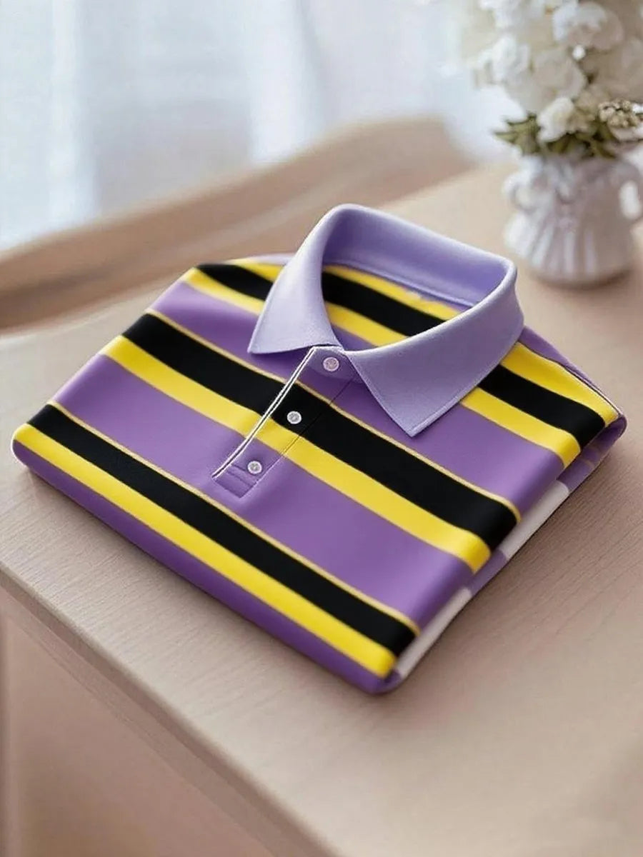 Men's Executive Color Block Stripe Logo Button Short Sleeve Polo Shirt | Premium Business Casual Polo for Men
