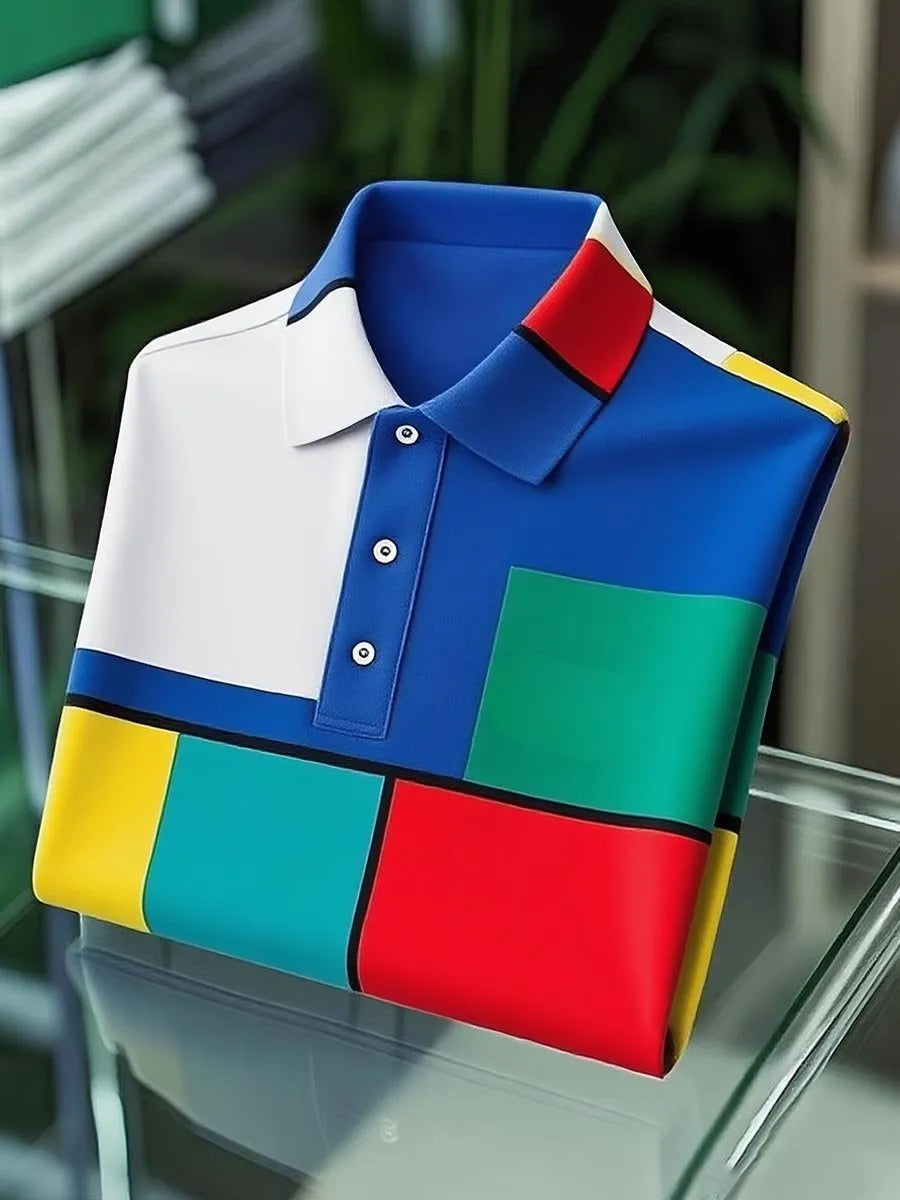 Men's Modern Mondrian Button-Down Polo Shirt | Premium Classic Business Short Sleeve Polo for Men