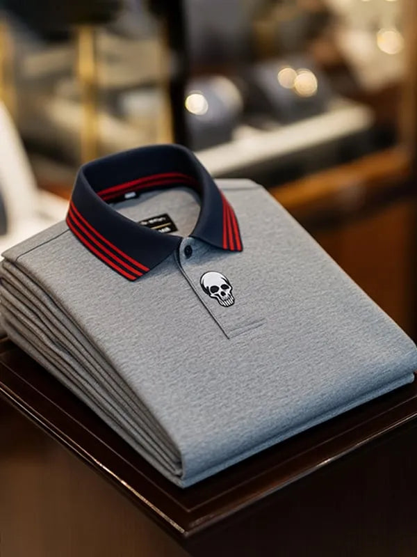 Men's Executive Skull Print Button-Down Polo Shirt | Premium Business Casual Polo for Men