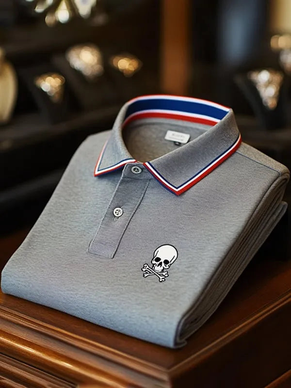 Men's Elite Skull Print Button-Down Polo Shirt | Premium Business Casual Polo for Men
